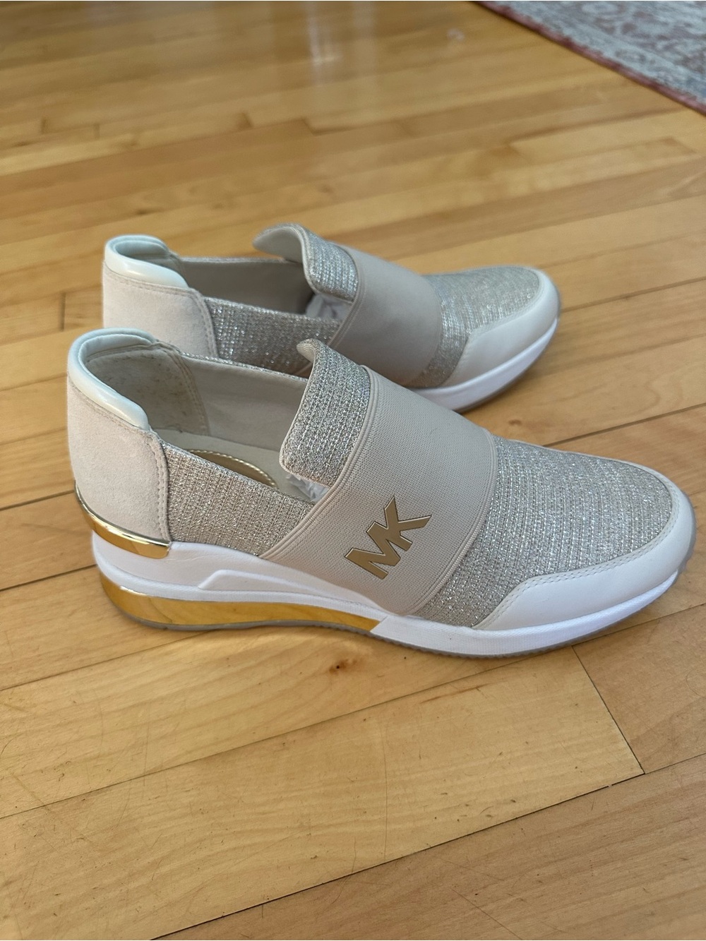 Michael Kors Beige Slip-On Sparkle Trainer with Gold Accents